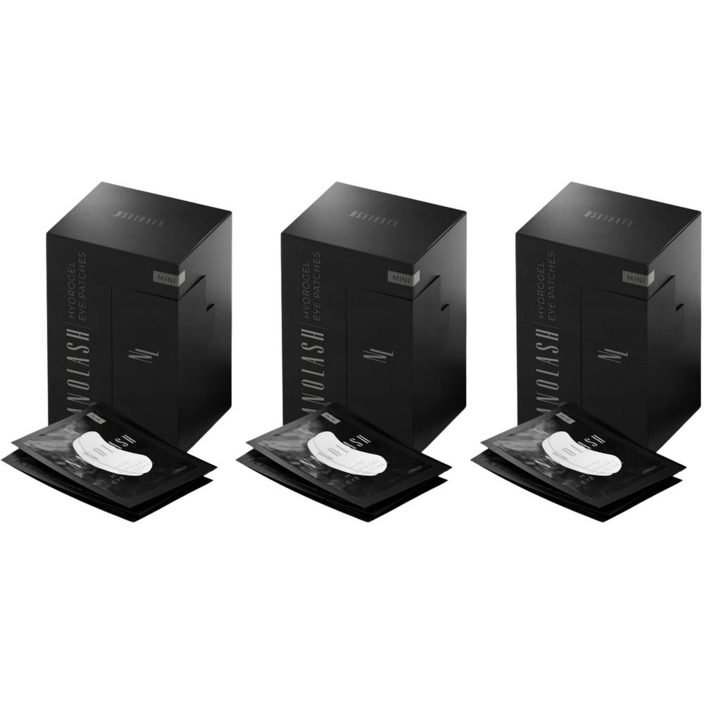 Drei schwarze Boxen mit Produktbezeichnung und Logo. Darunter jeweils eine Packung Augenpflaster. Aufschrift: NANOLASH Hydrogel Eye Patches.