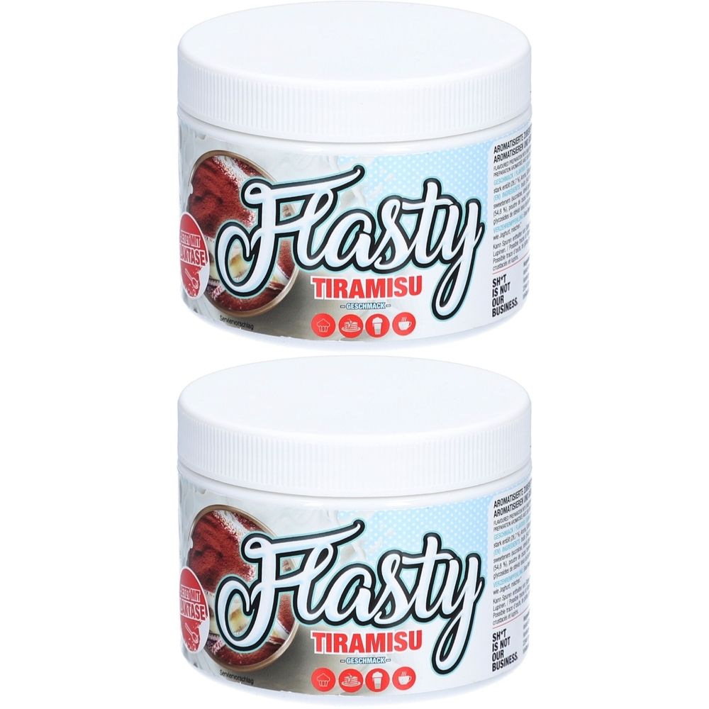 Deux pots blancs avec l'inscription "Flasty Tiramisu". Des images et du texte sont visibles sur les étiquettes.