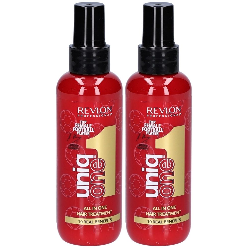 Deux flacons rouges avec vaporisateur noir. Inscription: Revlon Uniq One, All in One Hair Treatment. Numéro 1 doré.