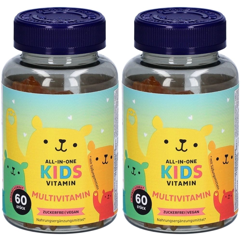 Deux flacons en verre avec des couvercles bleus. Les étiquettes indiquent "ALL-IN-ONE KIDS VITAMIN MULTIVITAMIN". Chaque flacon contient 60 pièces.