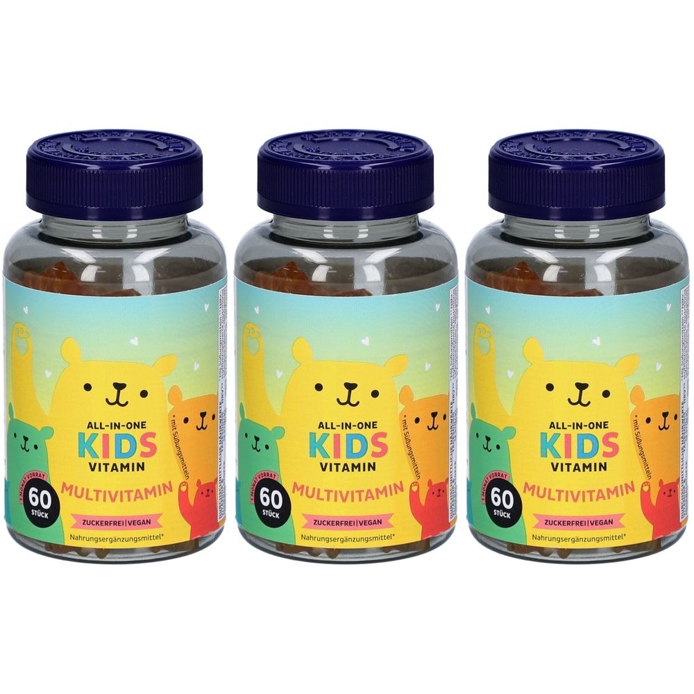 Trois flacons en verre avec des couvercles bleus. Les étiquettes indiquent "ALL-IN-ONE KIDS VITAMIN MULTIVITAMIN". Chaque flacon contient 60 pièces.