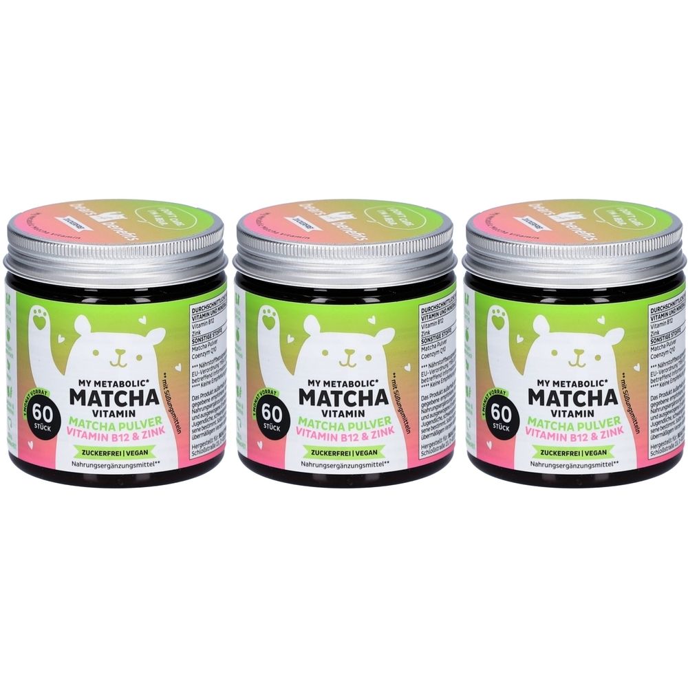 Drei Dosen "My Metabolic Matcha Vitamin". Jede Dose hat einen grünen Aufkleber mit einem Bären-Design und der Aufschrift "60 Stück".