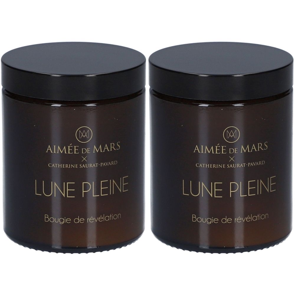 Deux pots bruns avec couvercles noirs. Inscription: AIMÉE DE MARS, LUNE PLEINE, Bougie de révélation.