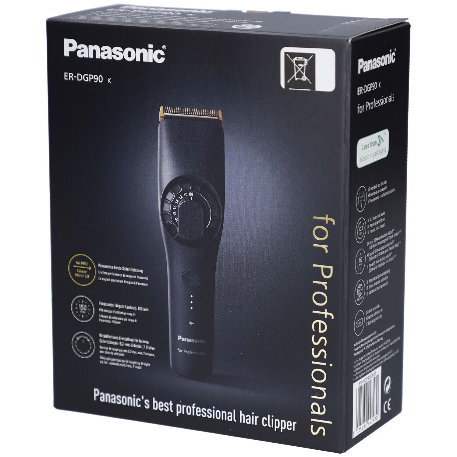 Schwarzer Karton mit Panasonic ER-DGP90 K Haarschneider. Text: "for Professionals", "Panasonic's best professional hair clipper".