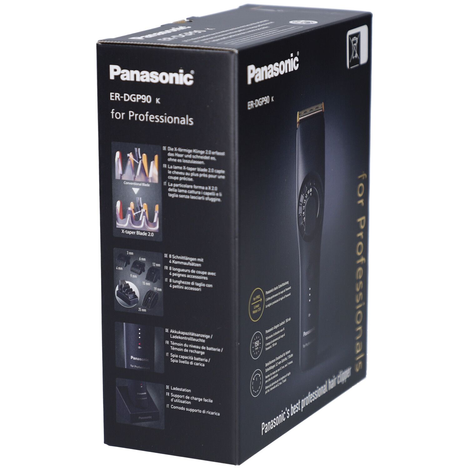 Schwarzer Karton mit Panasonic ER-DGP90 K Haarschneider. Seitenansicht mit Produktabbildungen und Text.