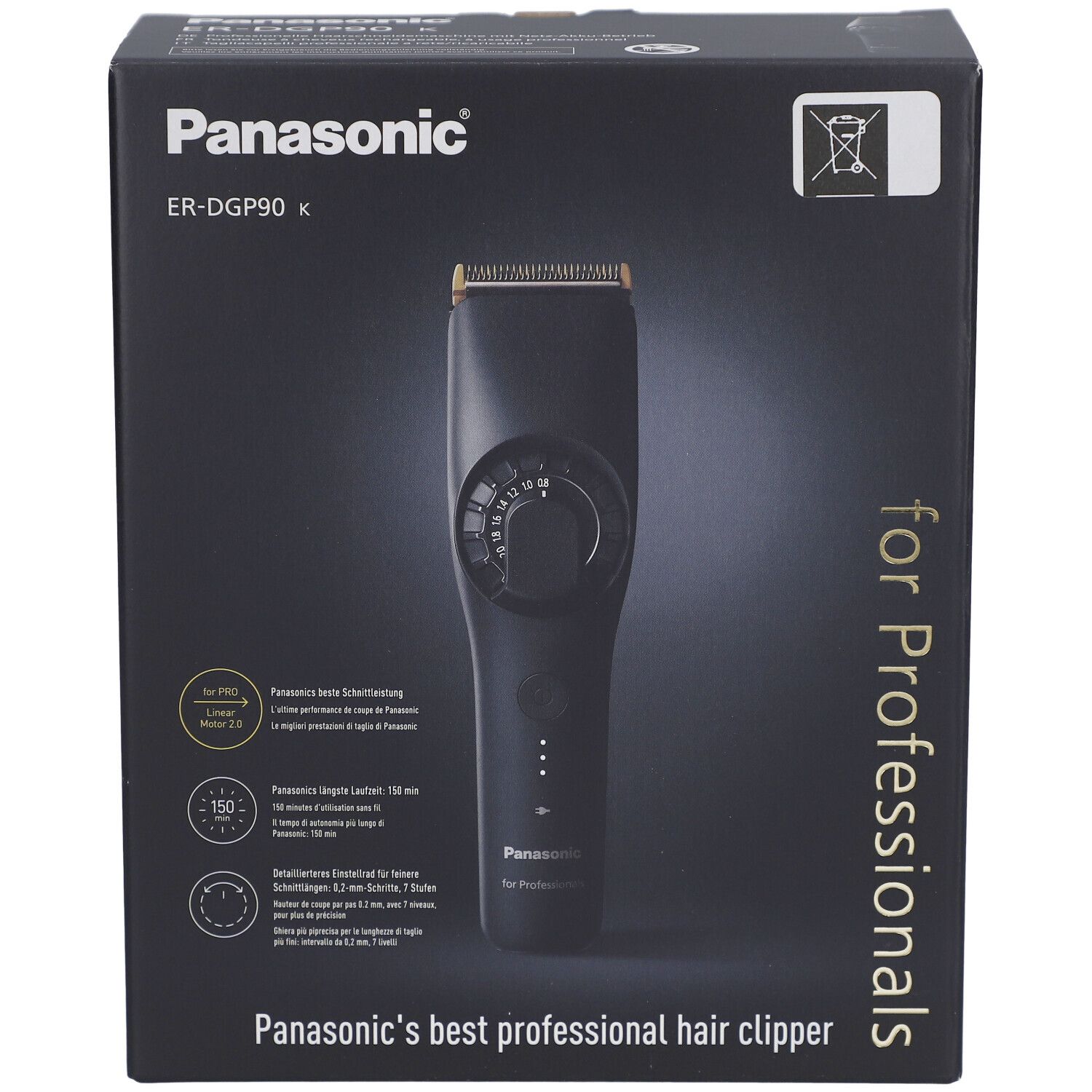 Schwarzer Karton mit Panasonic ER-DGP90 K Haarschneider. Vorderansicht mit Produktabbildung und Text.