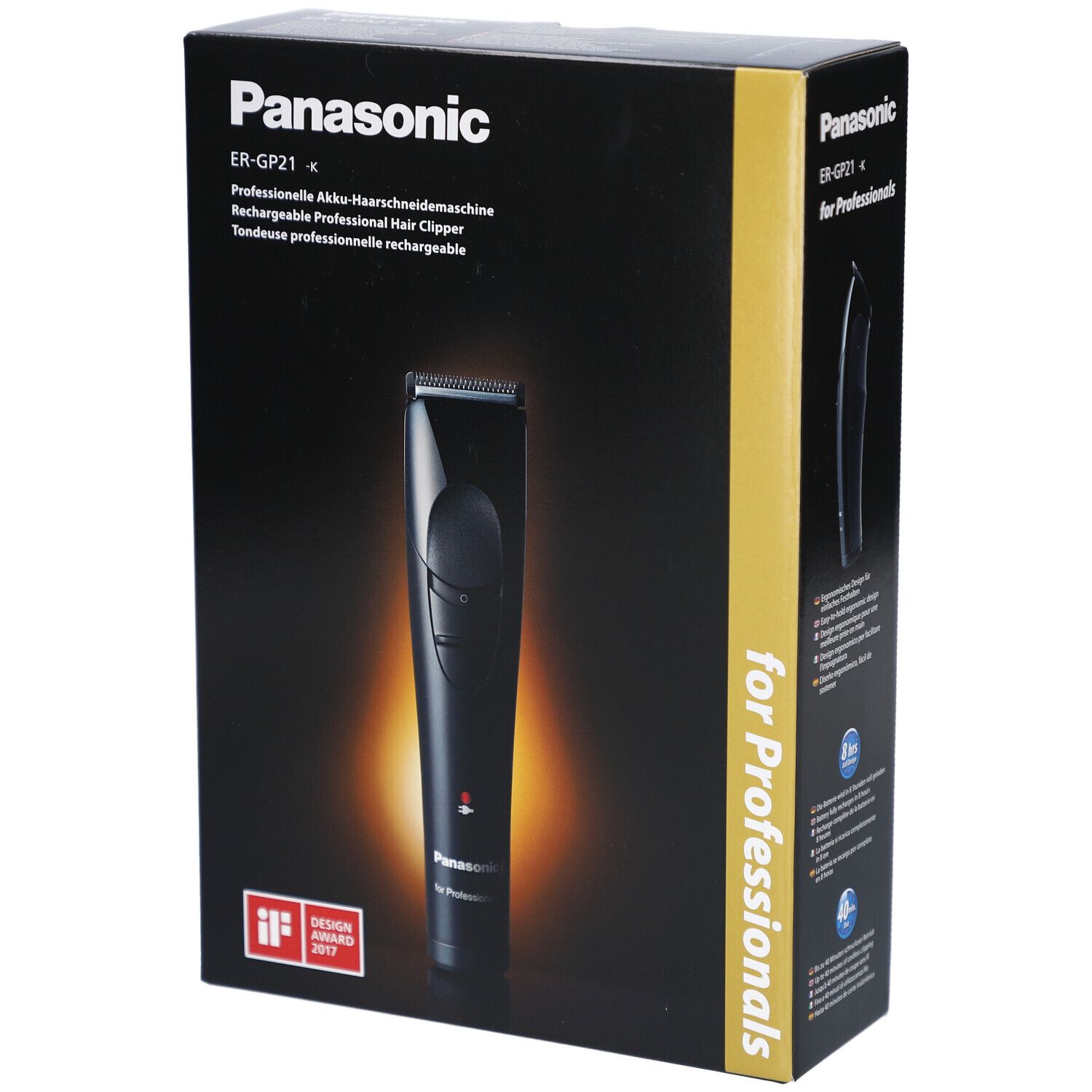 Schwarze Produktverpackung mit Panasonic-Logo und Haarschneidemaschine-Abbildung. Text: ER-GP21, für Profis. iF Design Award 2017.