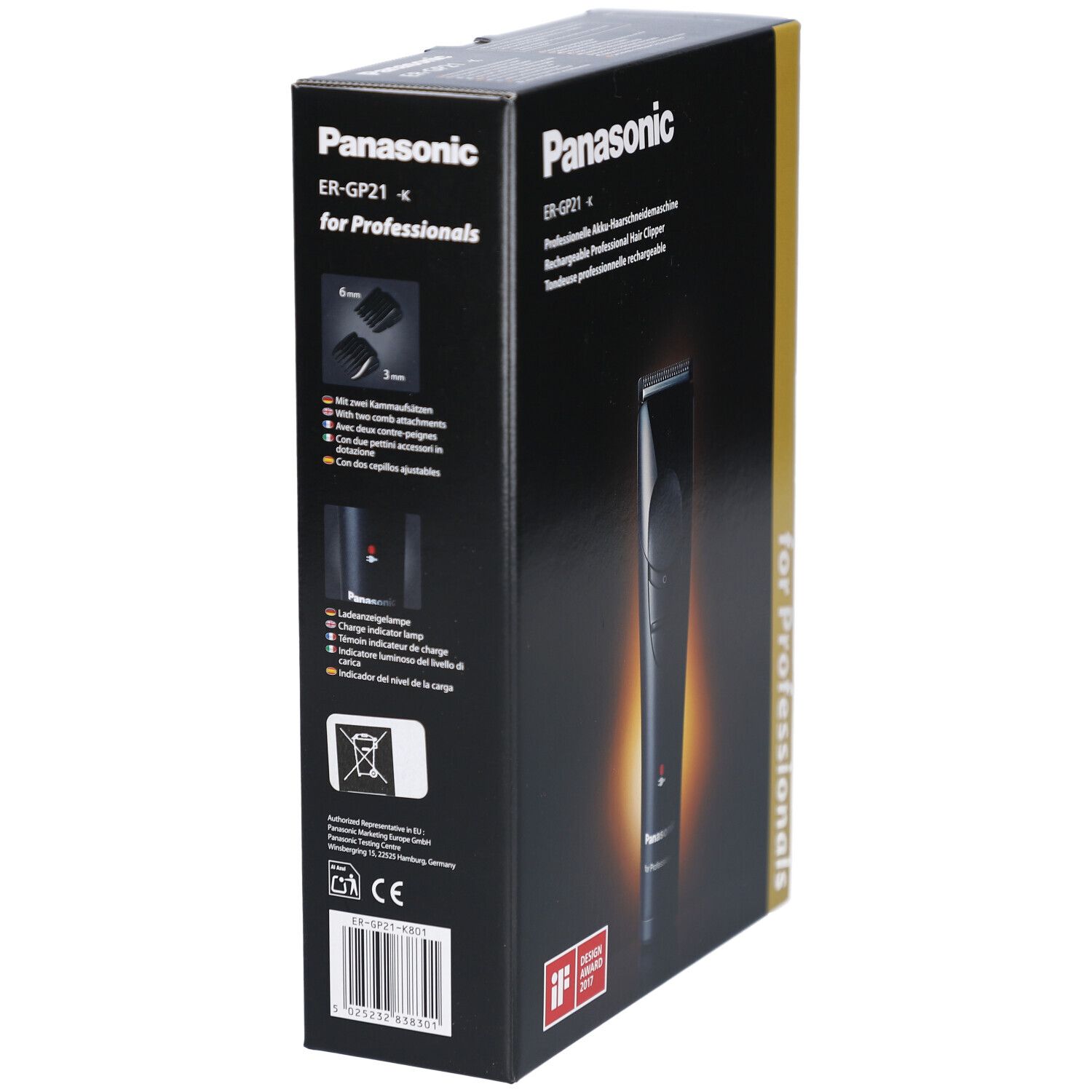 Schwarze Produktverpackung, Seitenansicht. Panasonic-Logo, Text: ER-GP21, für Profis. Abbildungen von Zubehör und Ladeanzeige.
