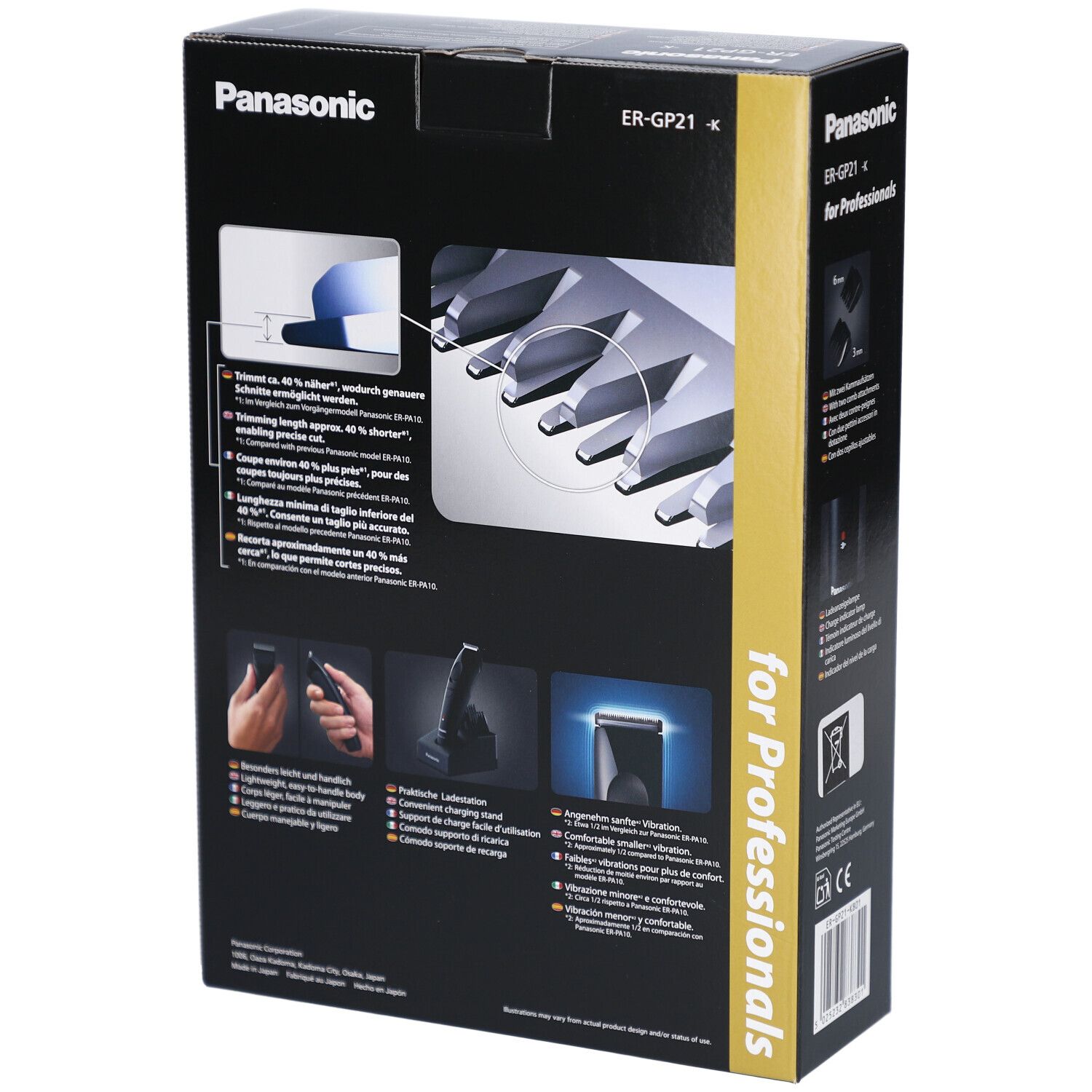 Rückseite der schwarzen Produktverpackung. Panasonic-Logo, Text: ER-GP21, für Profis. Abbildungen von Funktionen und Zubehör.