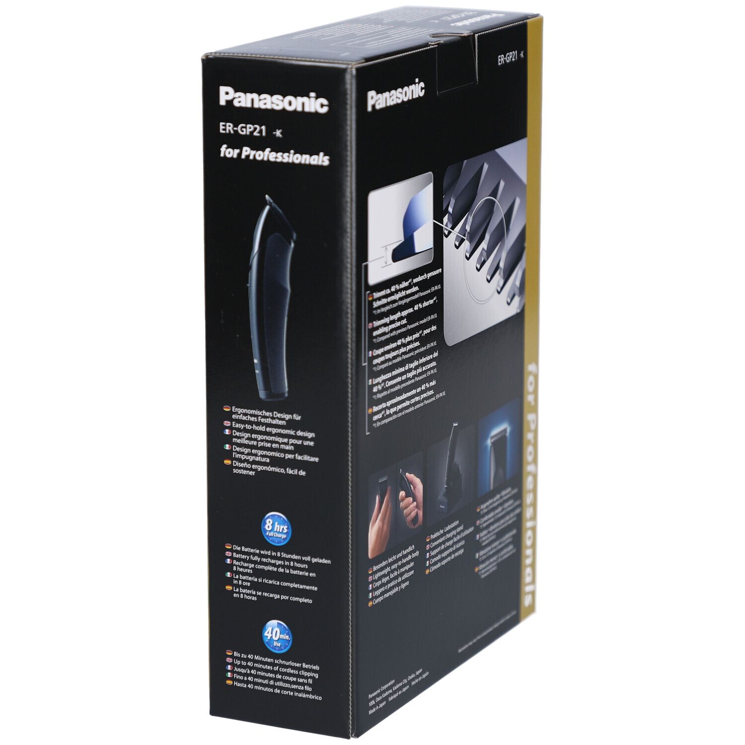 Schwarze Produktverpackung, Seitenansicht. Panasonic-Logo, Text: ER-GP21, für Profis. Abbildungen von Funktionen und Ladezeit.