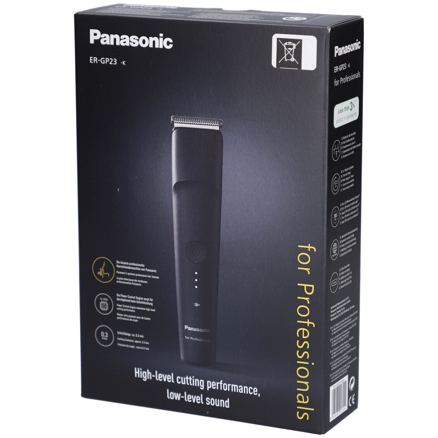 Schwarze Produktverpackung mit Panasonic-Logo und ER-GP23-Modellbezeichnung. Haarschneider-Abbildung. Text: High-level cutting performance, low-level sound.