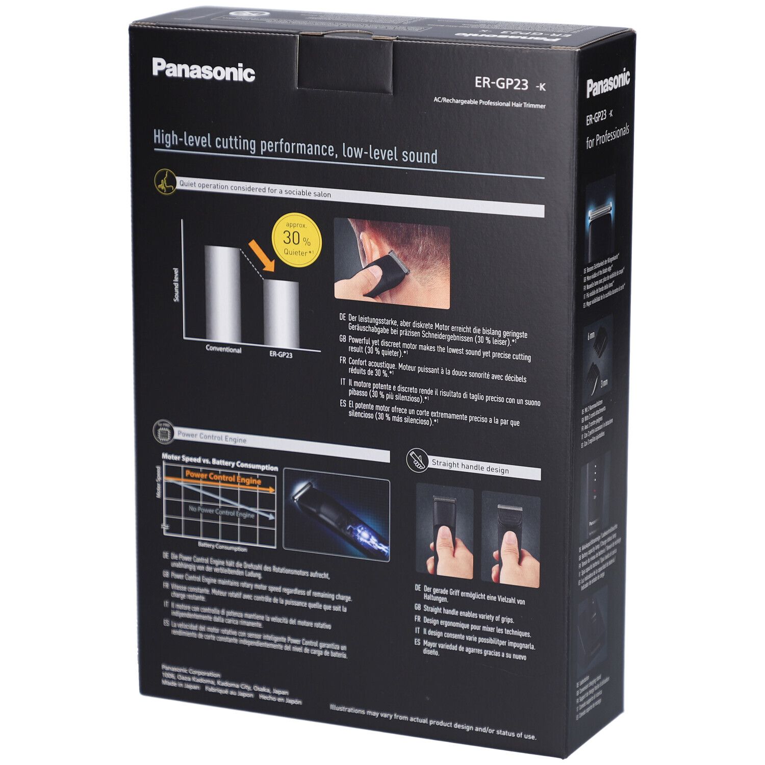 Rückseite der Produktverpackung. Panasonic ER-GP23. Diagramme und Text zu Leistung und Design. Text: High-level cutting performance, low-level sound.