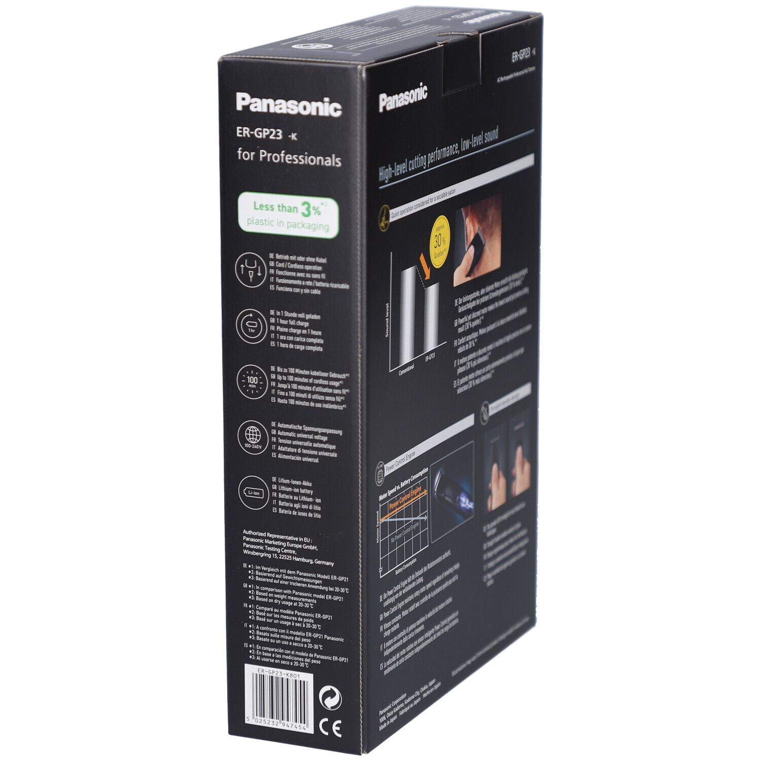 Schwarze Produktverpackung, Seitenansicht. Panasonic ER-GP23. Text: for Professionals. Diagramme und Text zu Produktmerkmalen.