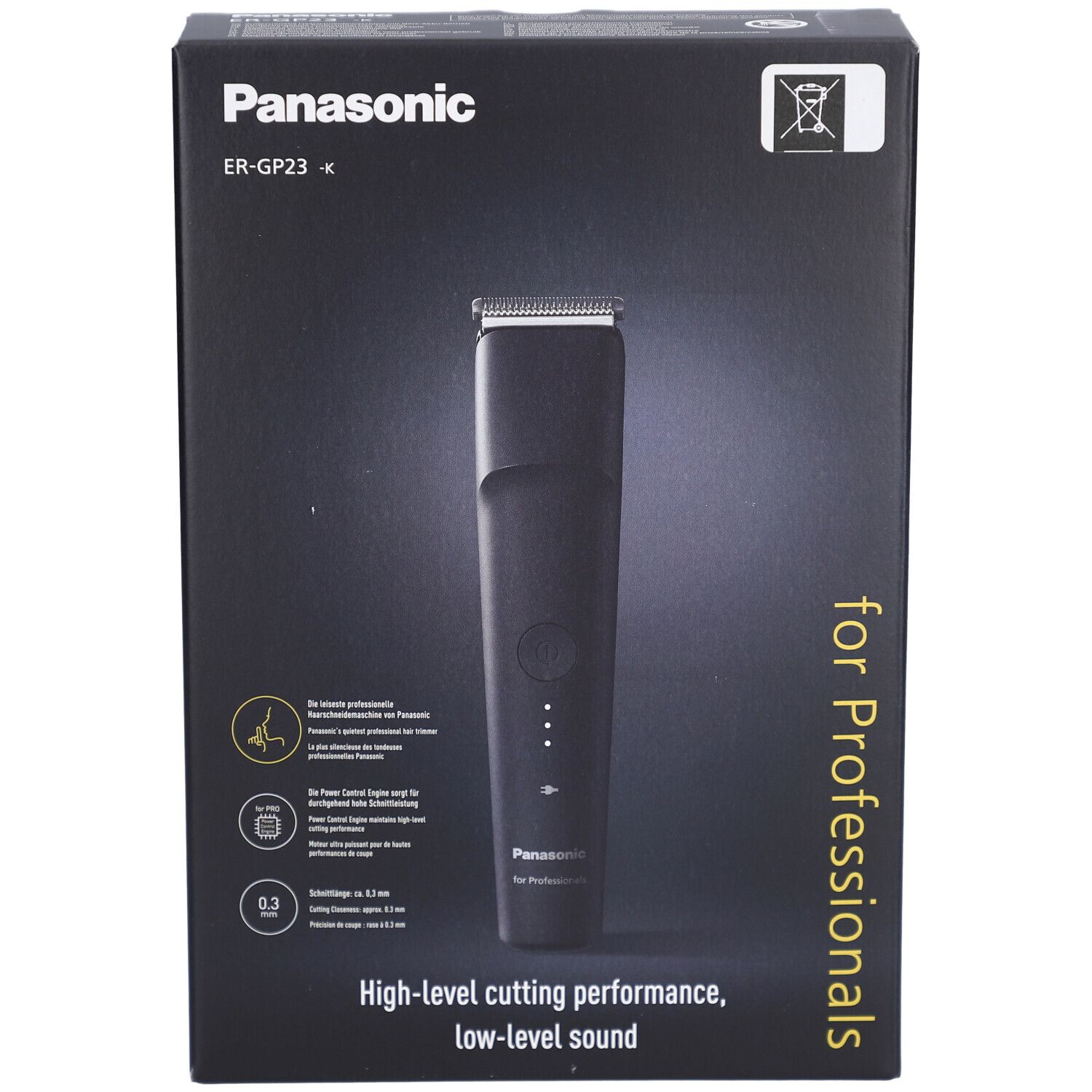 Schwarze Produktverpackung mit Panasonic-Logo und ER-GP23-Modellbezeichnung. Haarschneider-Abbildung. Text: High-level cutting performance, low-level sound.