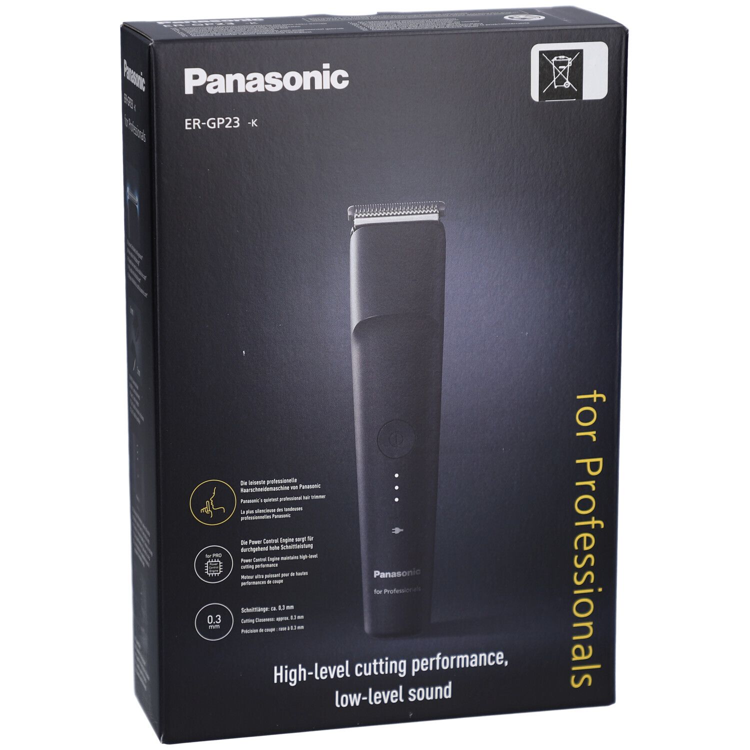 Schwarze Produktverpackung mit Panasonic-Logo und ER-GP23-Modellbezeichnung. Haarschneider-Abbildung. Text: High-level cutting performance, low-level sound.