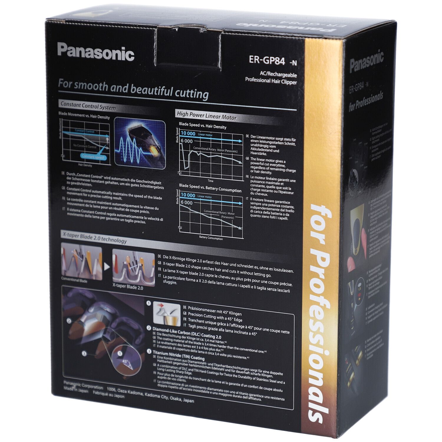 Schwarzer Karton mit goldfarbenem Haarschneider. Rückseite mit technischen Diagrammen und Text. Aufschrift: Panasonic, ER-GP84, für Profis.