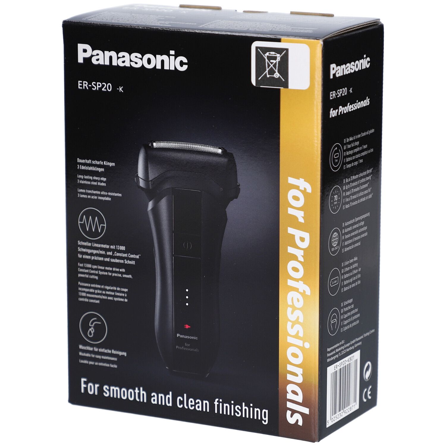 Schwarze Verpackung mit Rasierer-Abbildung. Schriftzug Panasonic ER-SP20. Text: For smooth and clean finishing.