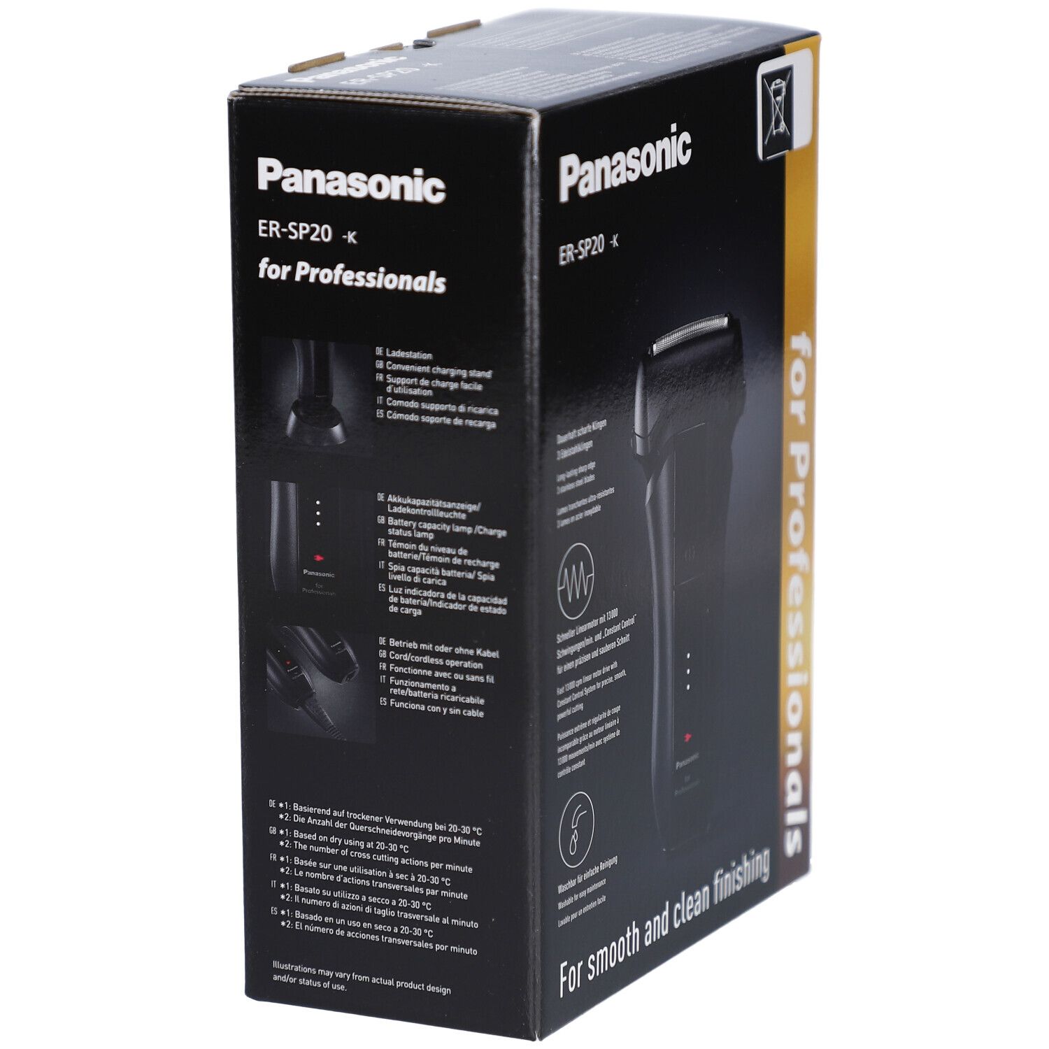 Schwarze Verpackung mit Rasierer-Abbildung. Schriftzug Panasonic ER-SP20. Text: For smooth and clean finishing.