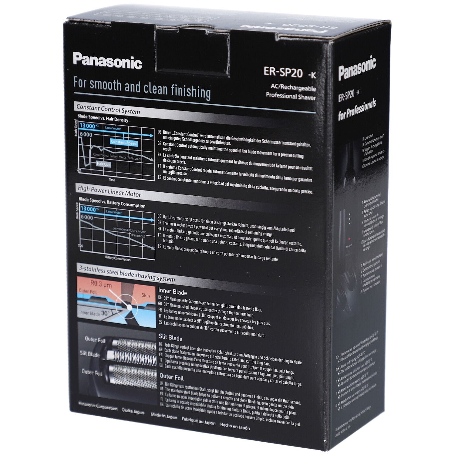 Schwarze Verpackung mit Diagrammen und Text. Schriftzug Panasonic ER-SP20. Text: For smooth and clean finishing.