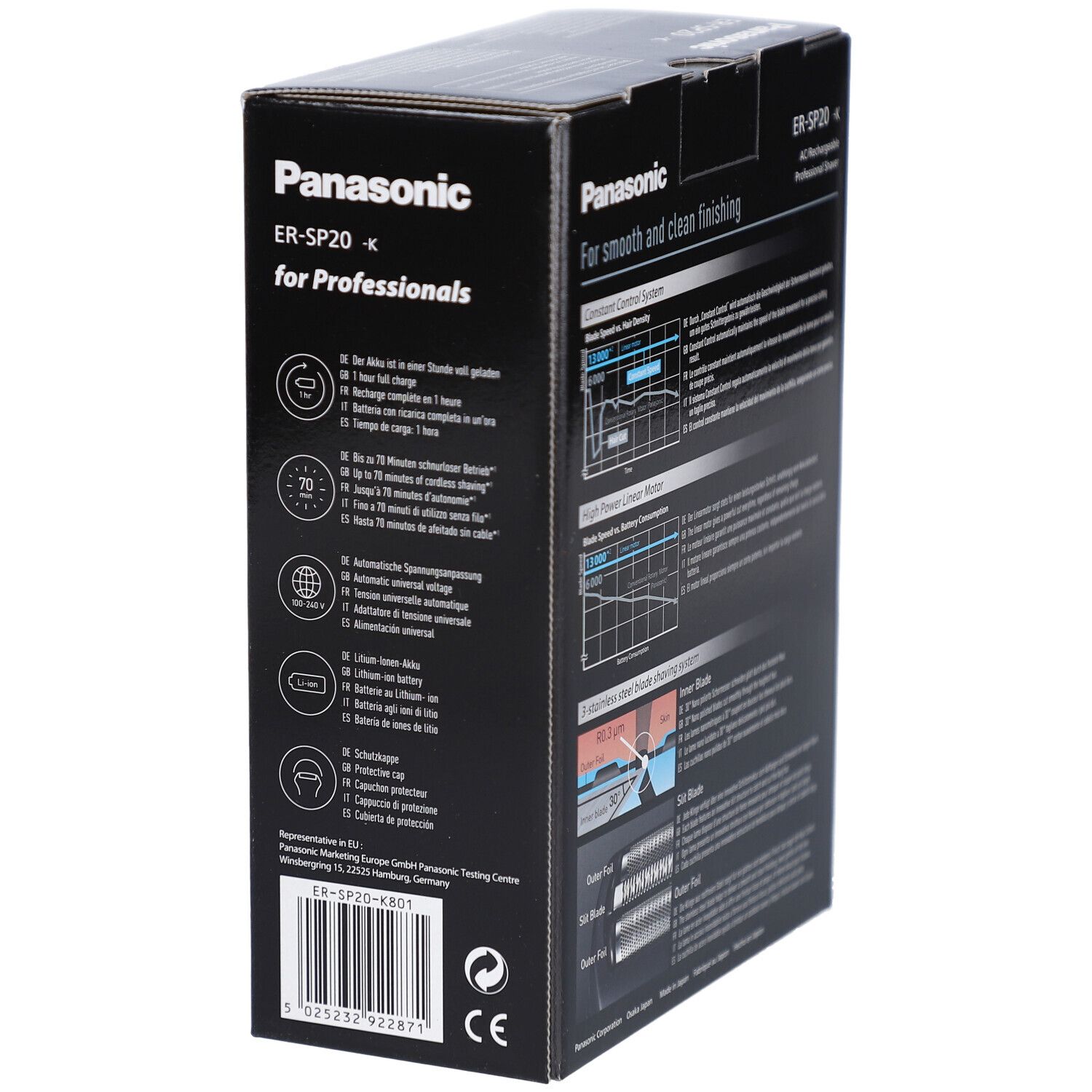 Schwarze Verpackung mit Diagrammen und Text. Schriftzug Panasonic ER-SP20. Text: For smooth and clean finishing.