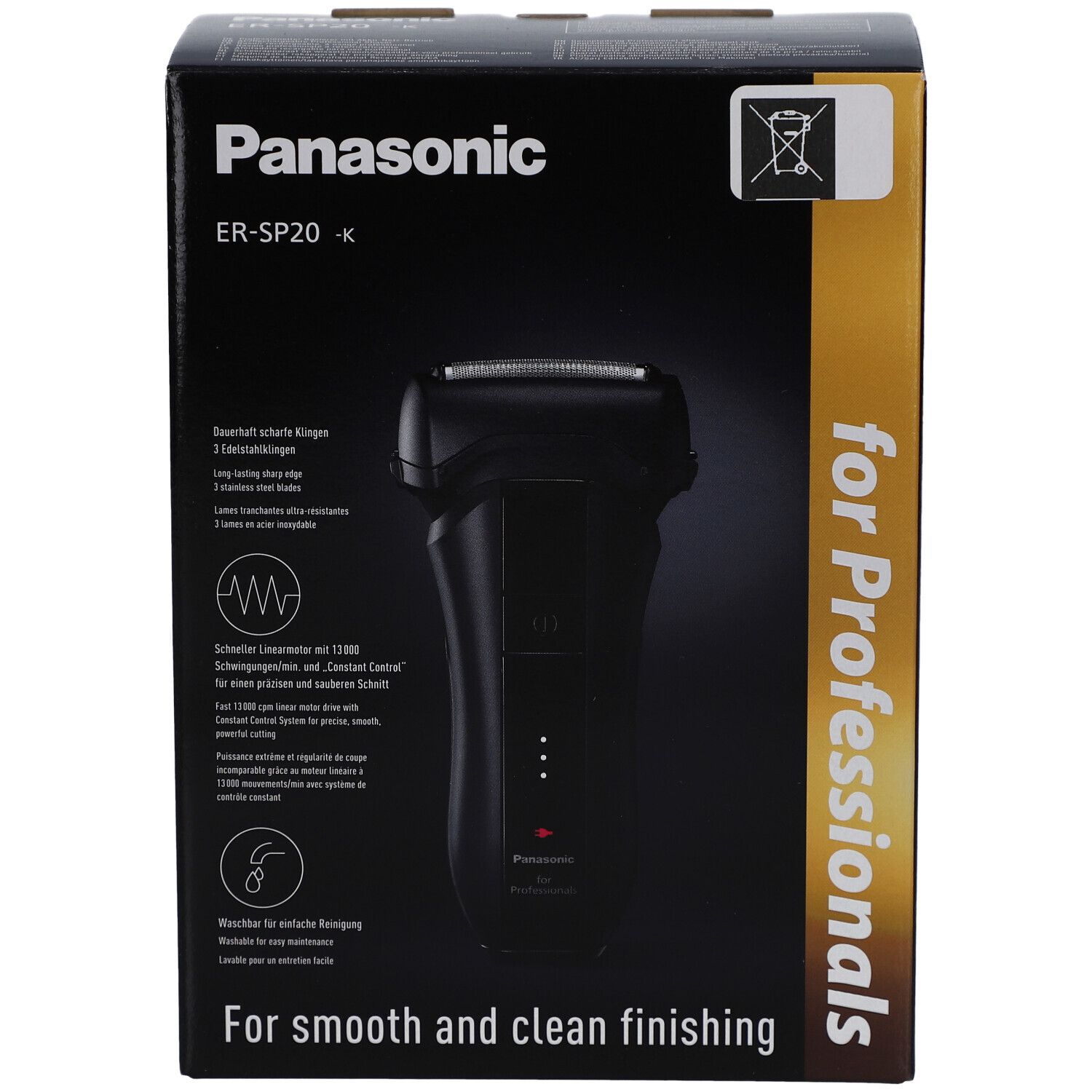 Schwarze Verpackung mit Rasierer-Abbildung. Schriftzug Panasonic ER-SP20. Text: For smooth and clean finishing.