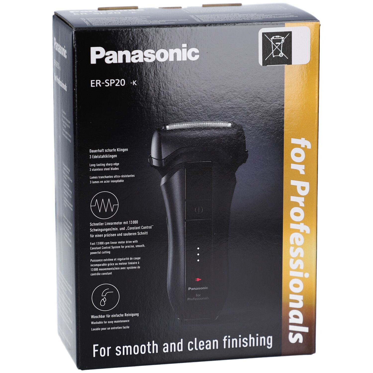 Schwarze Verpackung mit Rasierer-Abbildung. Schriftzug Panasonic ER-SP20. Text: For smooth and clean finishing.