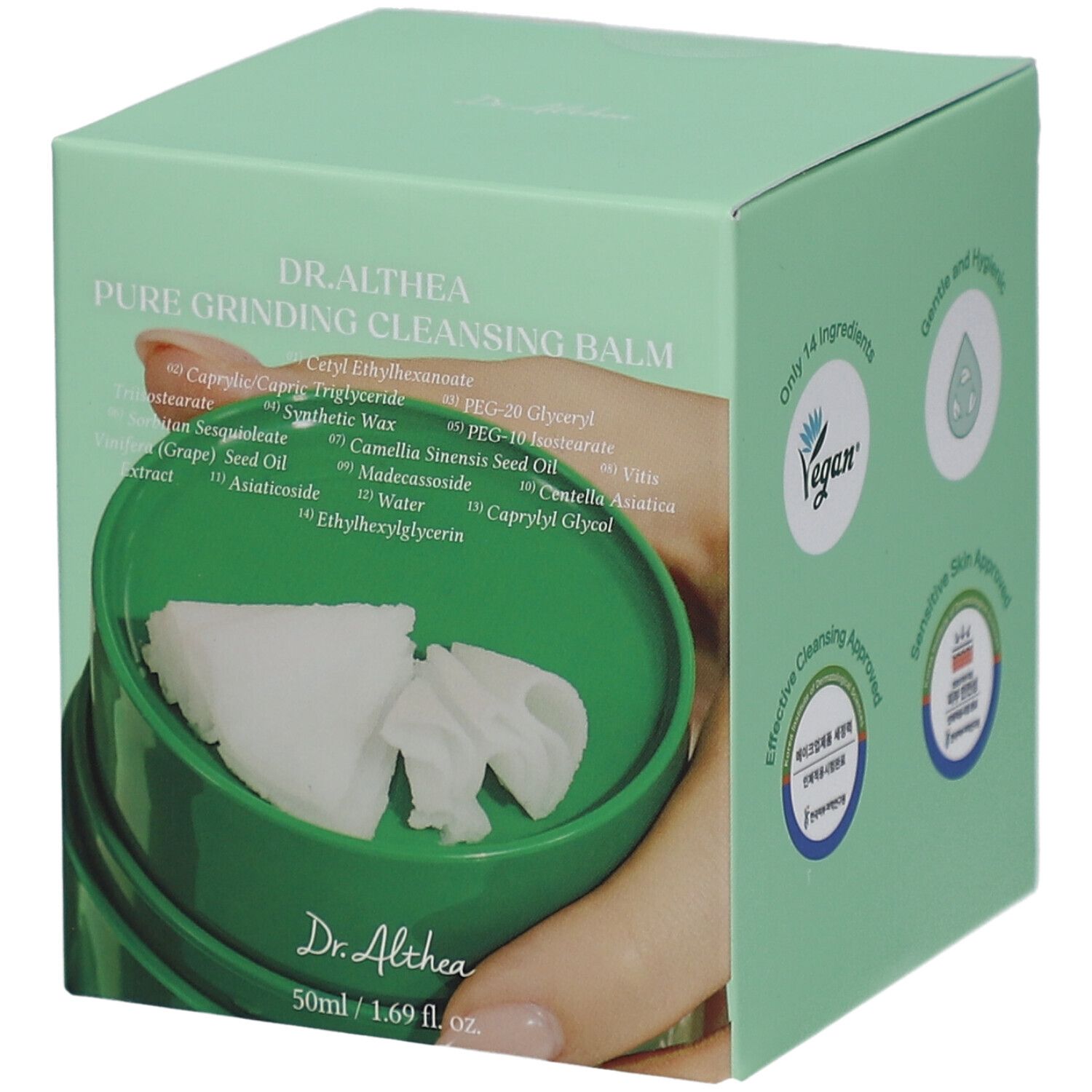 Grüne Verpackung mit Produktname und Inhaltsstoffen. Vegan-Siegel. Produkt in grüner Dose mit Tüchern.