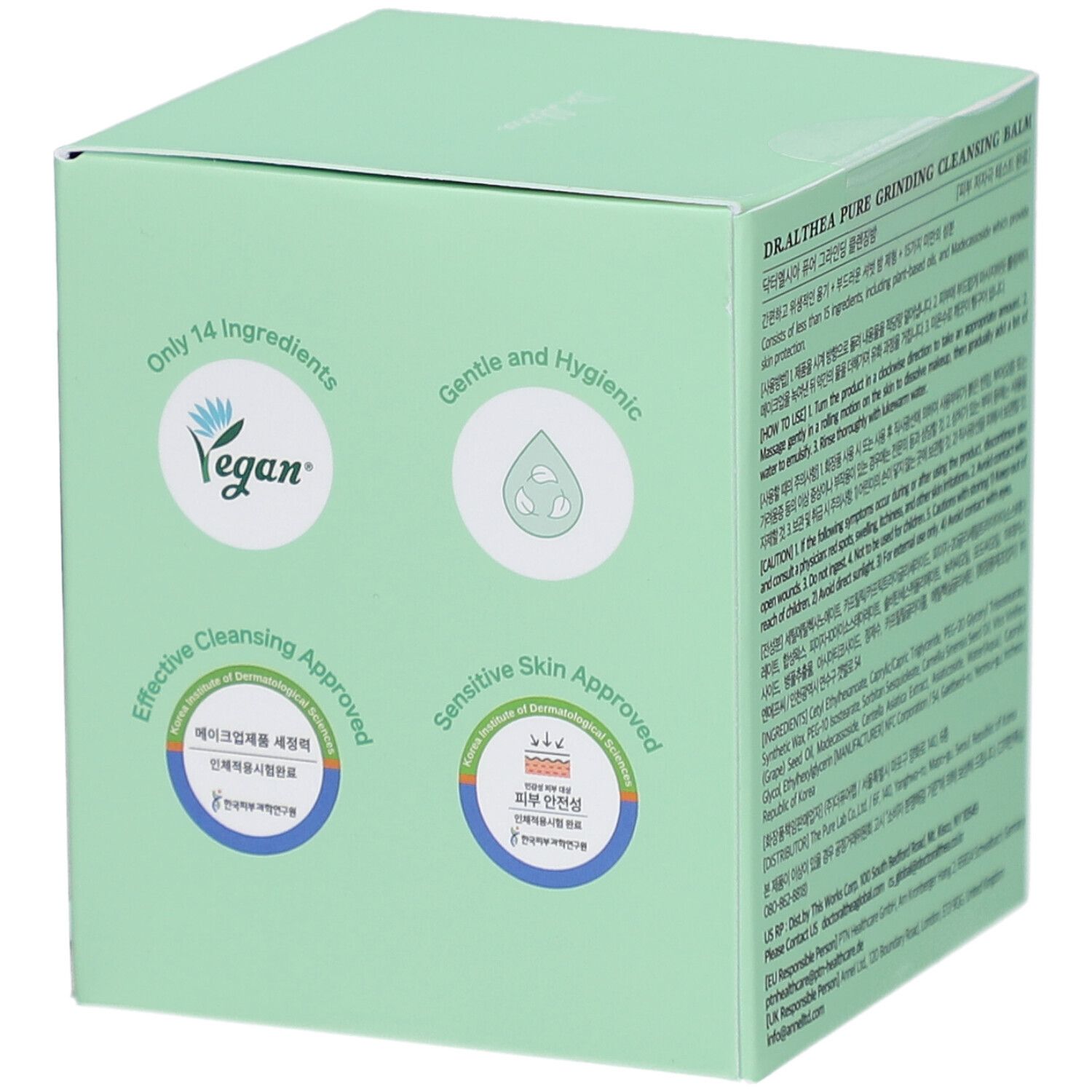 Grüne Verpackung mit Produktname und Inhaltsstoffen. Produkt in grüner Dose mit Tüchern. Vegan-Siegel.