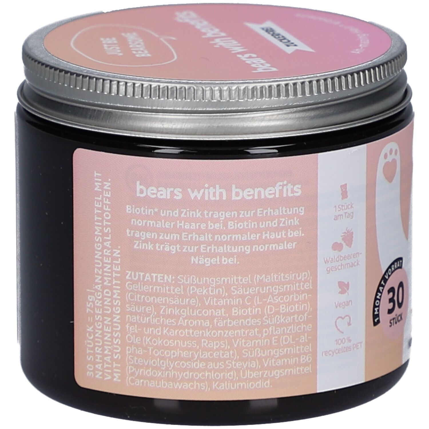 Dos du pot. Inscription: bears with benefits. Liste des ingrédients, 30 pièces, végétalien, 100% PET recyclé.