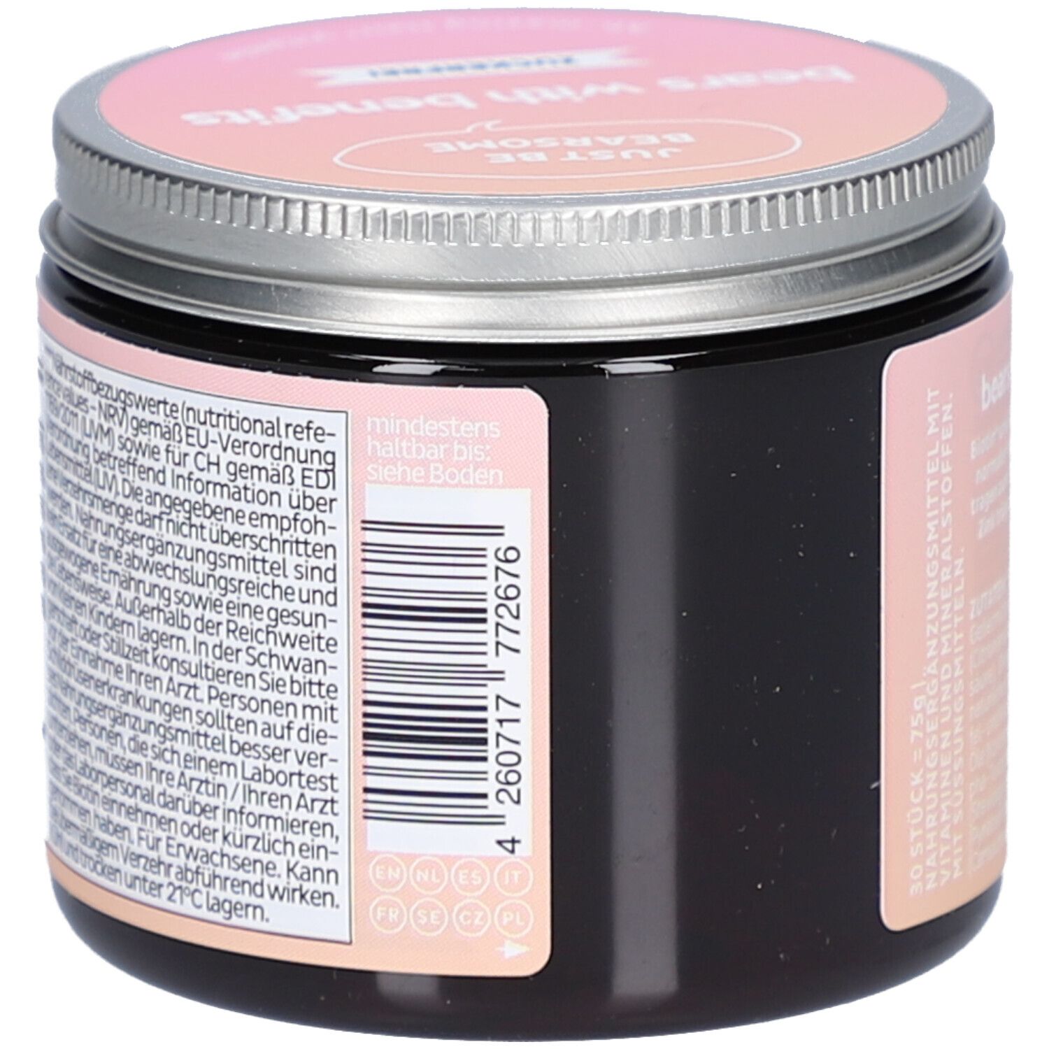 Pot, vue latérale. Inscription: bears with benefits. Code-barres et texte. A consommer de préférence avant: voir le fond.