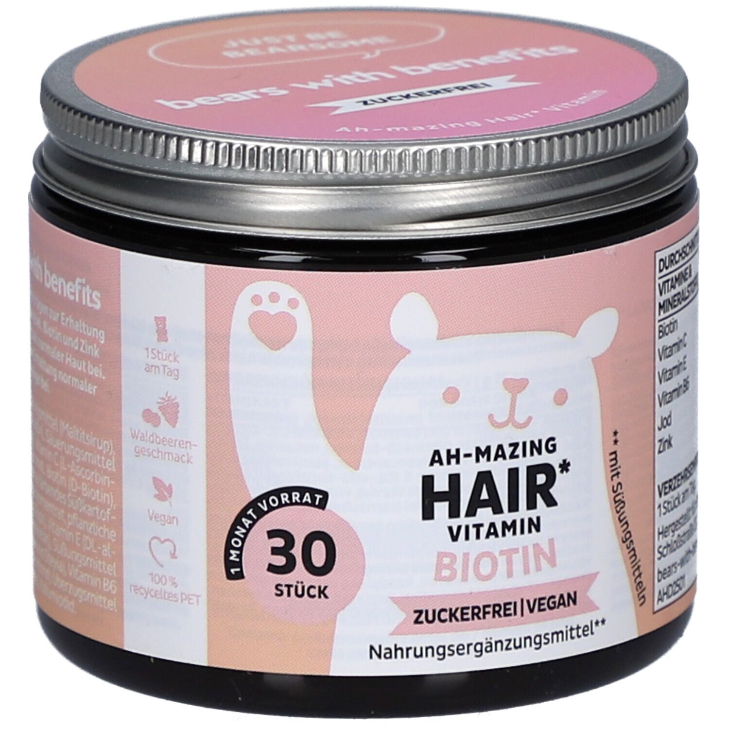 Pot avec couvercle rose. Inscription: bears with benefits, AH-mazing Hair Vitamin Biotin. 30 pièces, sans sucre, végétalien.