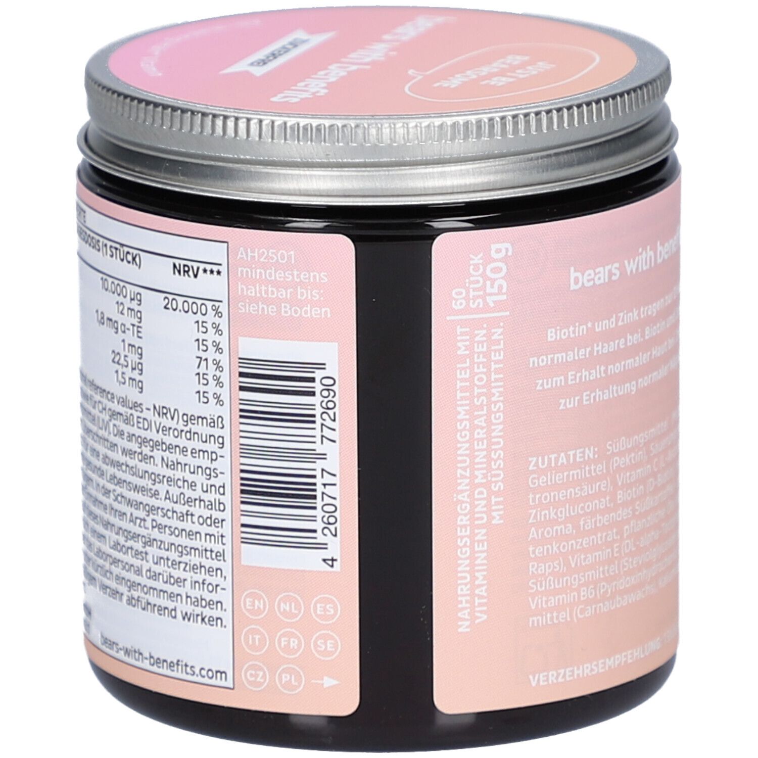 Rückseite der Dose. Text: Nährwertangaben, Inhaltsstoffe. 60 Stück. Herstellerinformationen. Barcode.