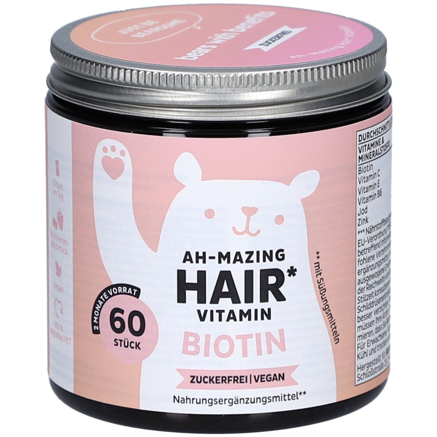 Dose mit Vitaminen. Aufschrift: AH-MAZING HAIR VITAMIN BIOTIN. 60 Stück. Bär-Illustration. Zuckerfrei, vegan.