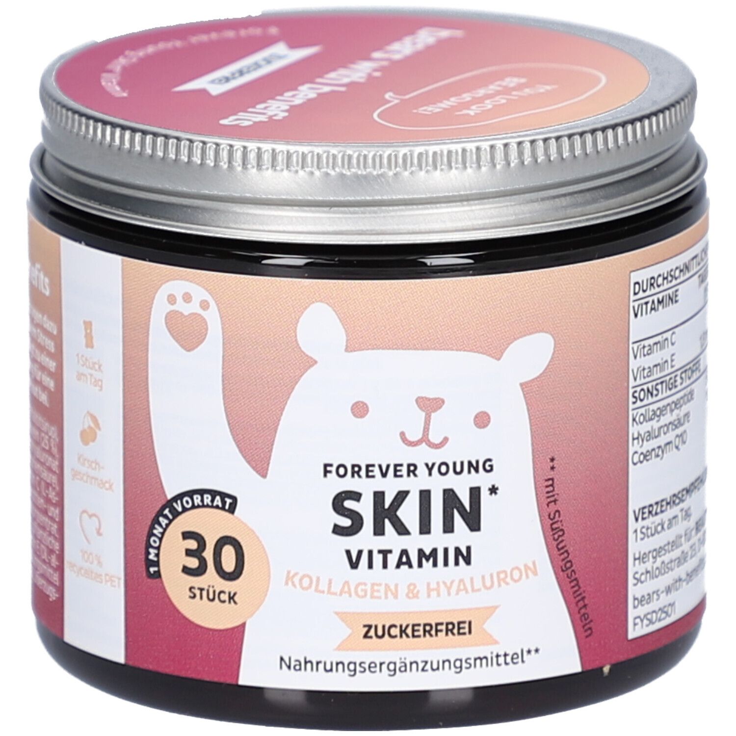 Pot de complément alimentaire "SKIN VITAMIN". 30 pièces, sans sucre. Illustration d'ours. Couvercle avec logo "BEAR WITH BENEFITS".