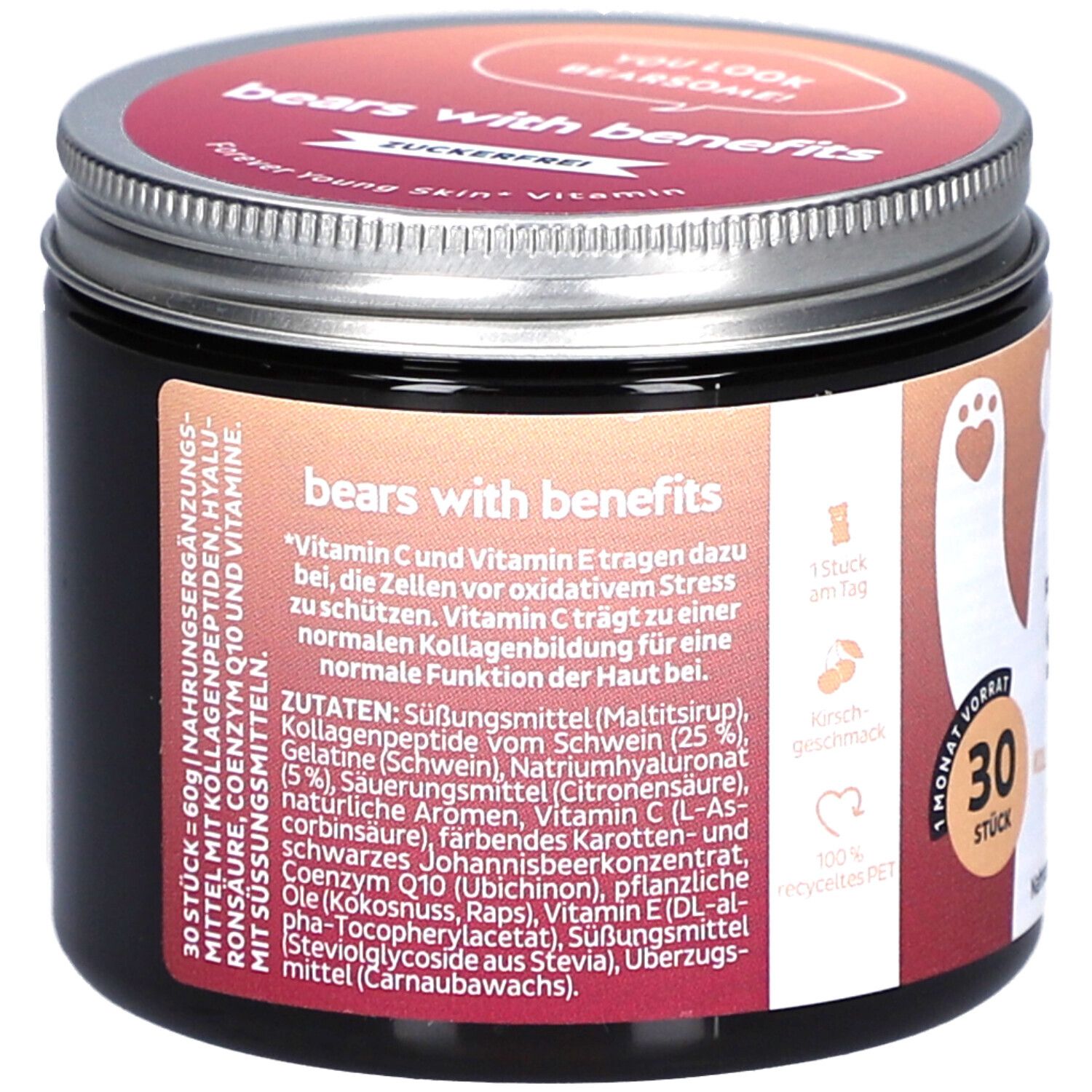 Dos de la boîte avec ingrédients et informations nutritionnelles. Texte : "bears with benefits". 30 pièces, 60g. Avec coenzyme Q10, hyaluron.