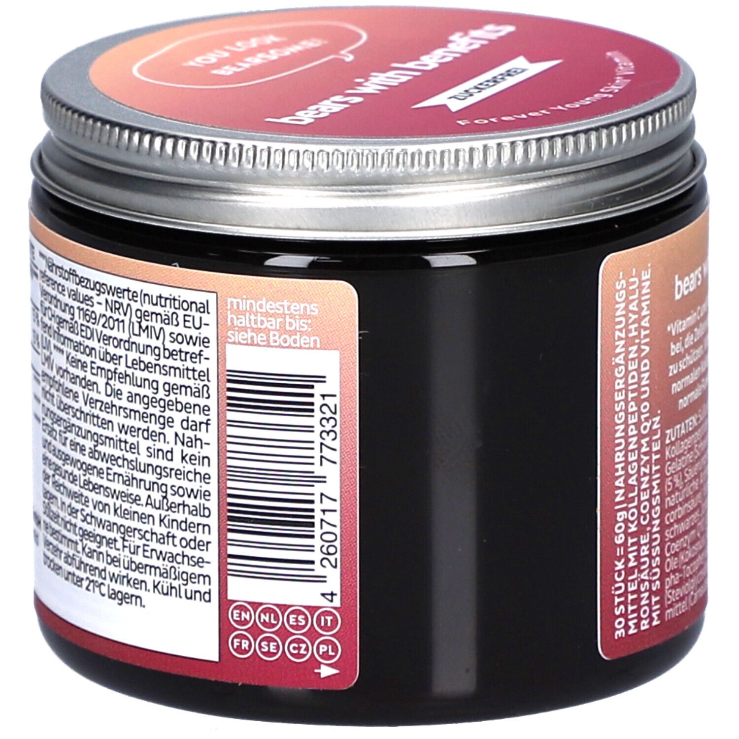 Pot avec code-barres et texte. Texte : "bears with benefits". Date de péremption. Étiquettes multilingues : EN, NL, ES, IT.