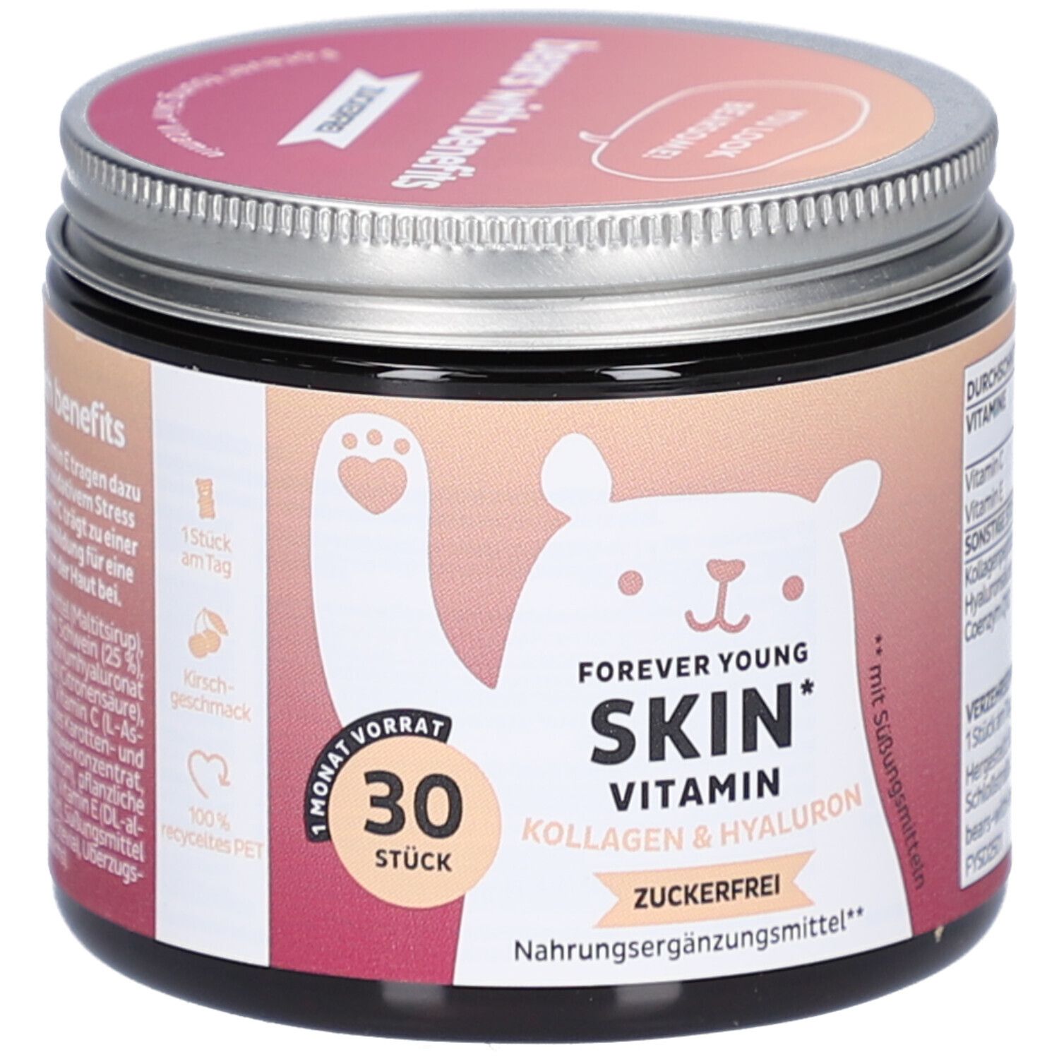 Pot de complément alimentaire "SKIN VITAMIN". 30 pièces, sans sucre. Illustration d'ours. Couvercle avec logo "BEAR WITH BENEFITS".