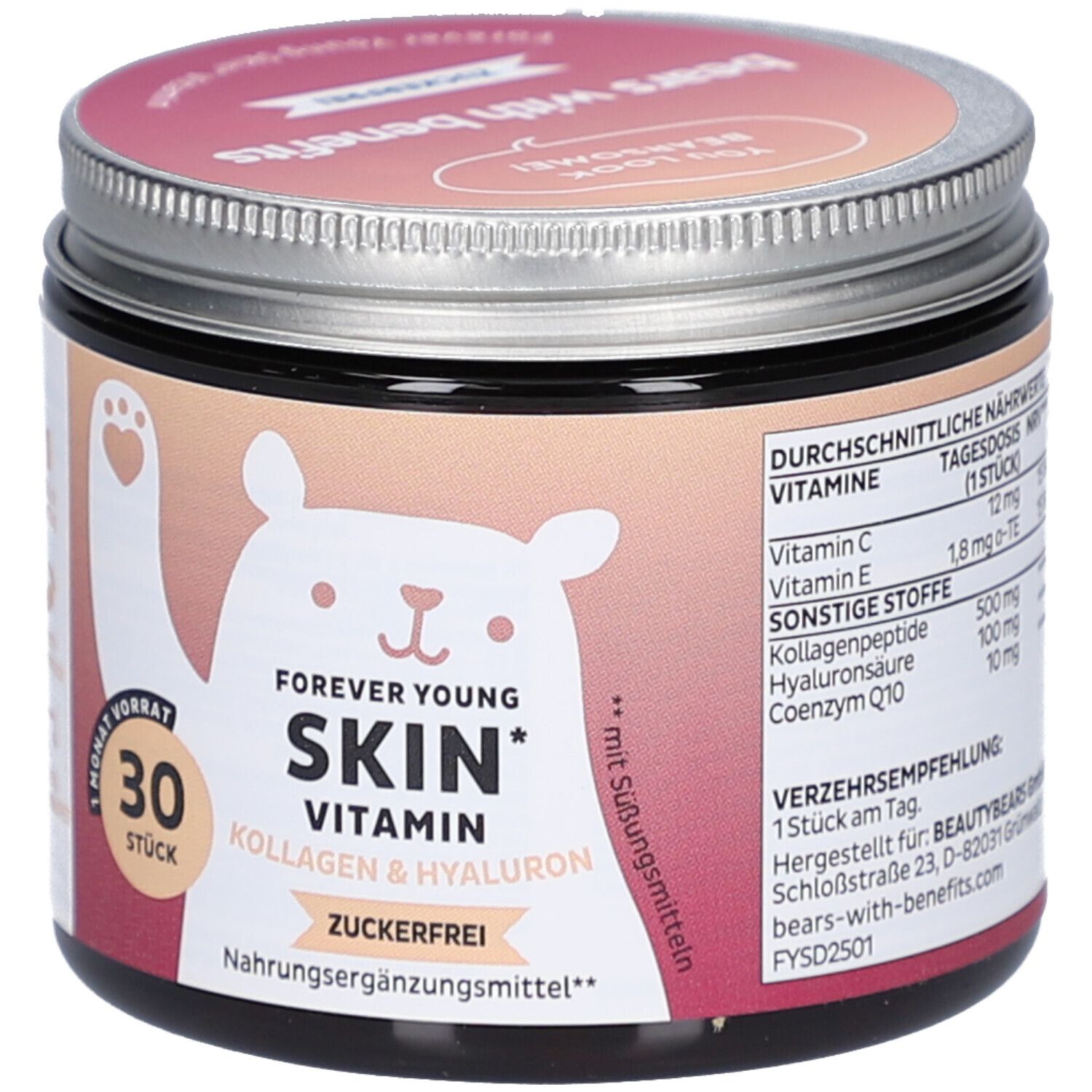 Pot de complément alimentaire "SKIN VITAMIN". 30 pièces, sans sucre. Illustration d'ours. Couvercle avec logo "BEAR WITH BENEFITS".