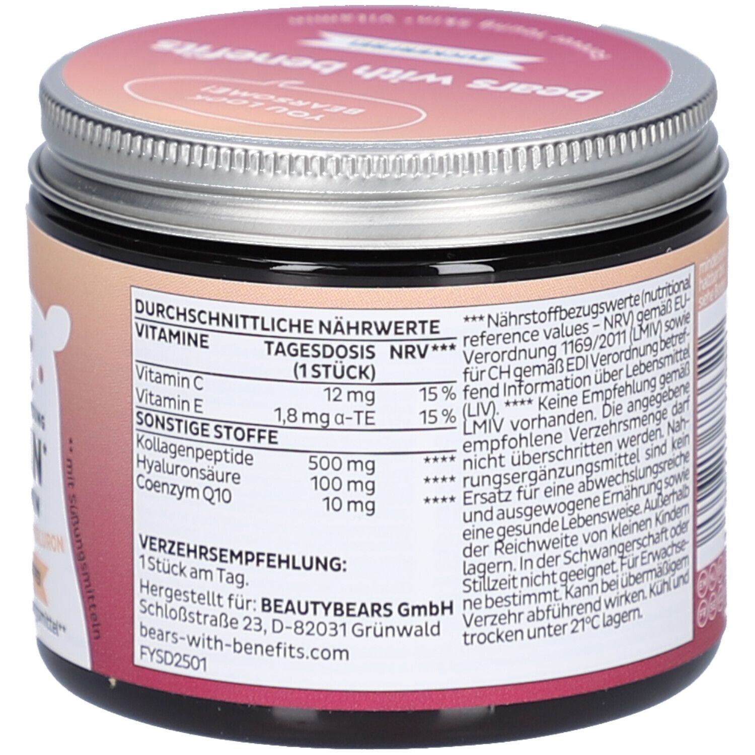 Dos de la boîte avec informations nutritionnelles. Texte : "bears with benefits". Dose quotidienne. Vitamine C, E. Peptides de collagène, acide hyaluronique.