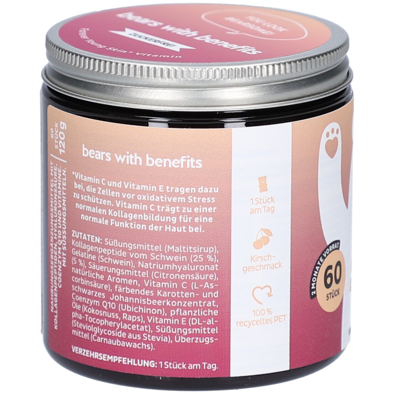 Dose mit Deckel. Rückseite mit Zutatenliste, 120g, 1 Stück pro Tag, Kirschgeschmack, 100% recyceltes PET. Text in Deutsch.