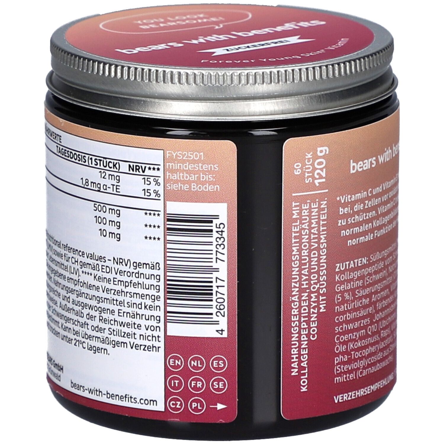 Dose mit Deckel. Rückseite mit Nährwertangaben, Mindesthaltbarkeit, Barcode. Text in Deutsch.