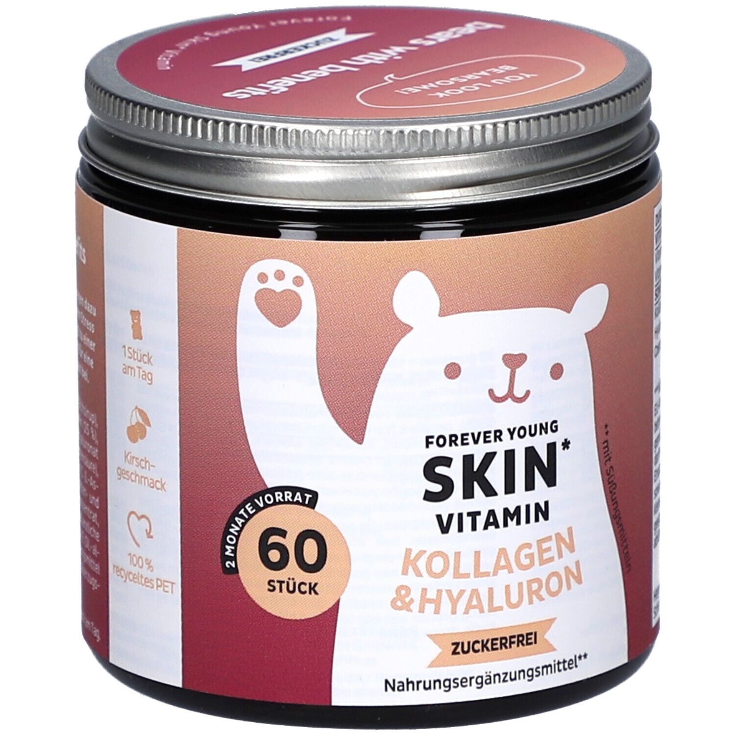 Dose mit Deckel. Aufdruck: Forever Young Skin Vitamin, Kollagen & Hyaluron, zuckerfrei. 60 Stück. Bär-Illustration.