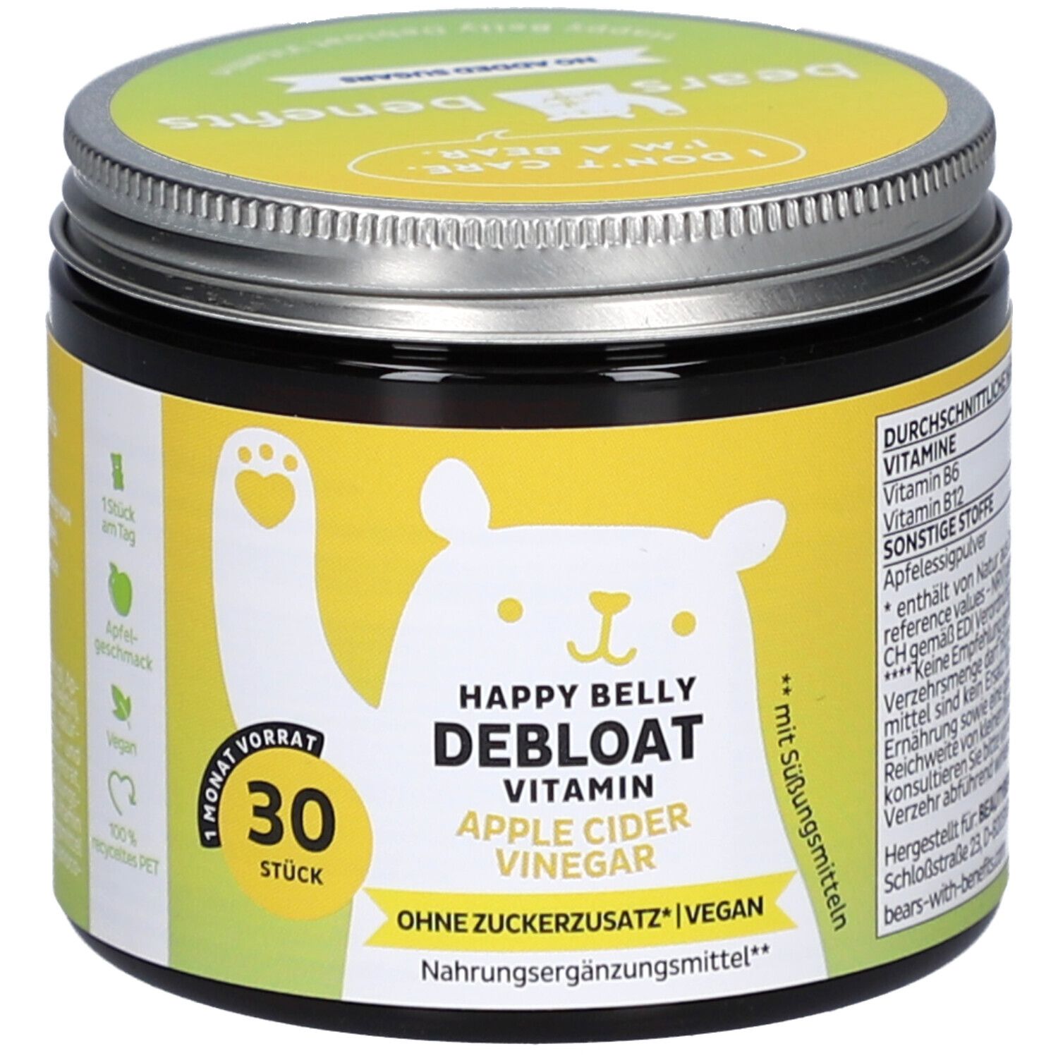 Runde Dose mit Deckel. Gelbes Etikett mit Bär-Illustration und Text: Happy Belly Debloat, Apfelessig. 30 Stück.
