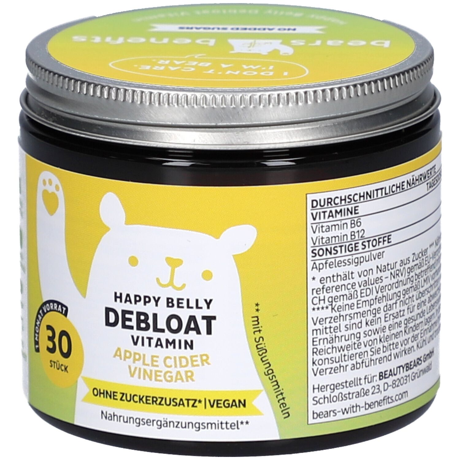 Runde Dose mit Deckel. Gelbes Etikett mit Bär-Illustration und Text: Happy Belly Debloat, Apfelessig. 30 Stück.