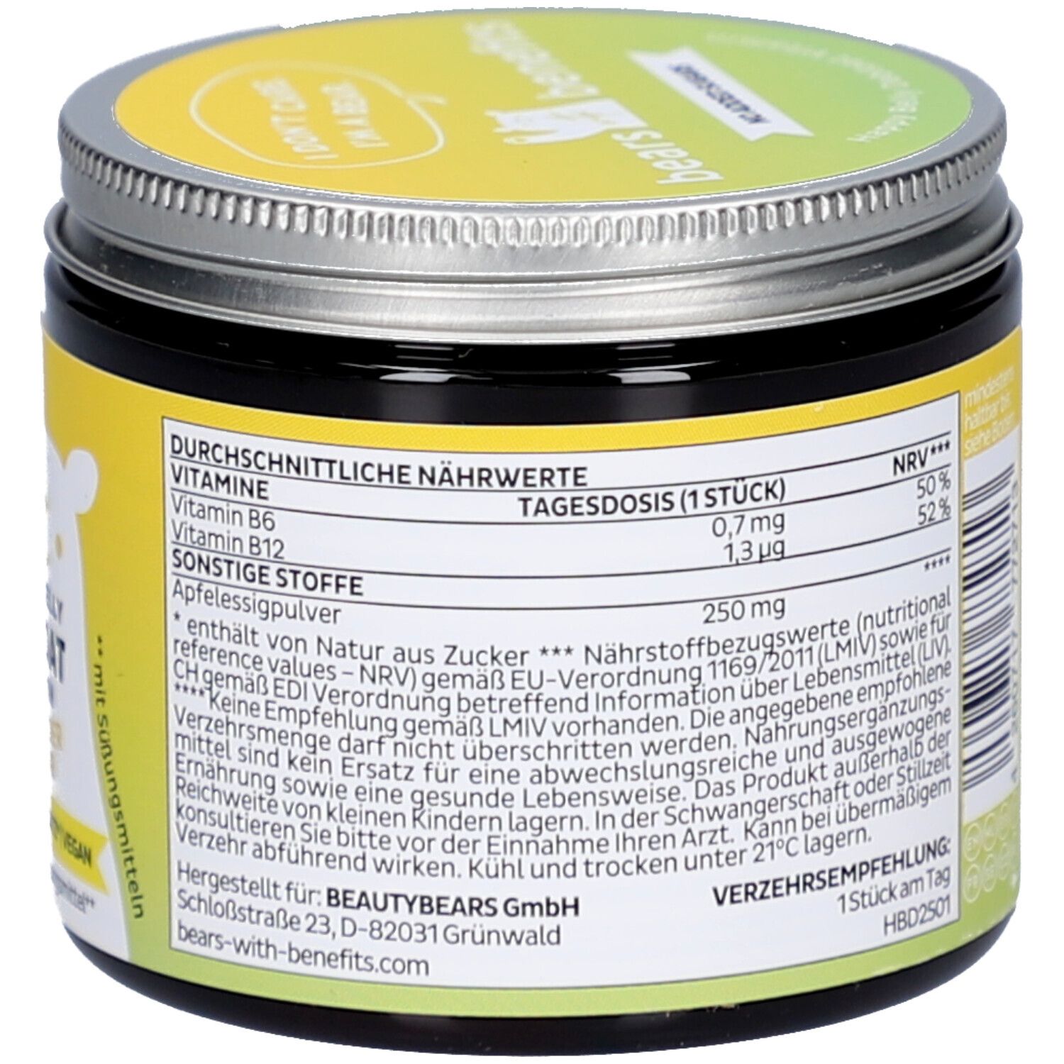 Dose mit gelbem Etikett. Text: bears with benefits, Nährwertangaben, Tagesdosis, 1 Stück. Herstelleradresse.