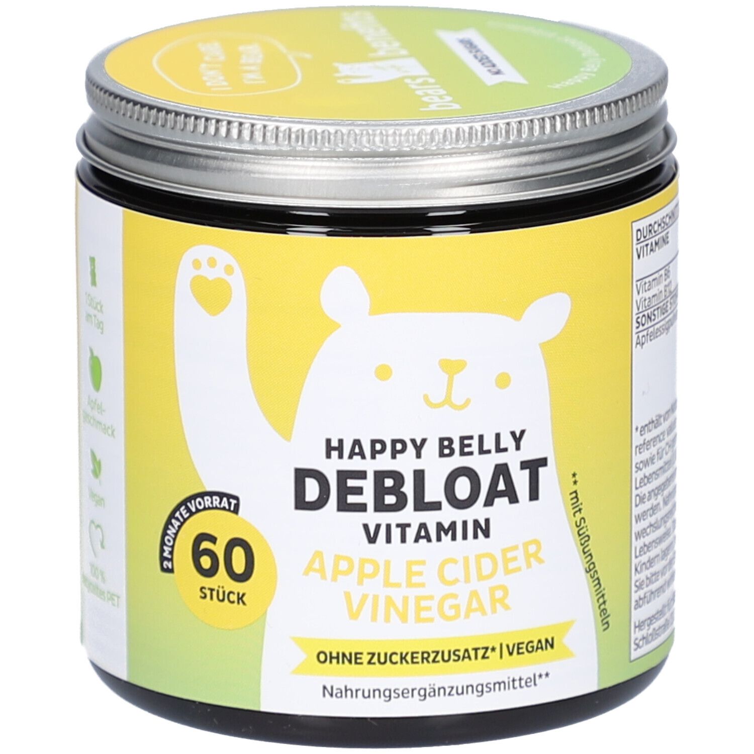 Dose mit gelbem Etikett. Aufschrift: HAPPY BELLY DEBLOAT, Apfelessig. 60 Stück. Ohne Zuckerzusatz, vegan.