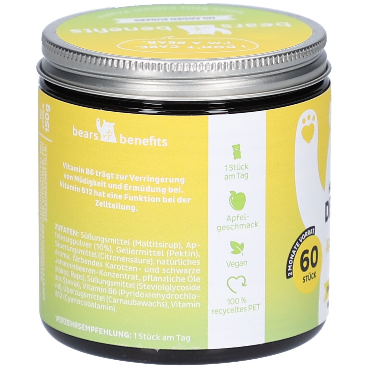 Rückseite der Dose. Enthält Informationen zu Inhaltsstoffen und Verzehrempfehlung. 60 Stück. Vegan. Apfelgeschmack.