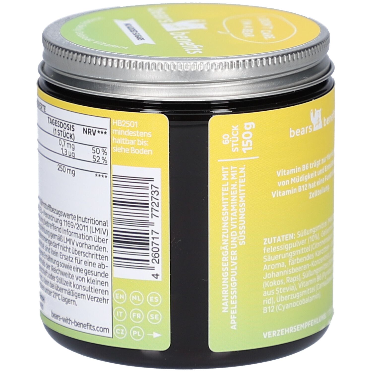 Rückseite der Dose mit Nährwertangaben. 60 Stück. 150g. bears-with-benefits.com. Vegan. Apfelessigpulver.