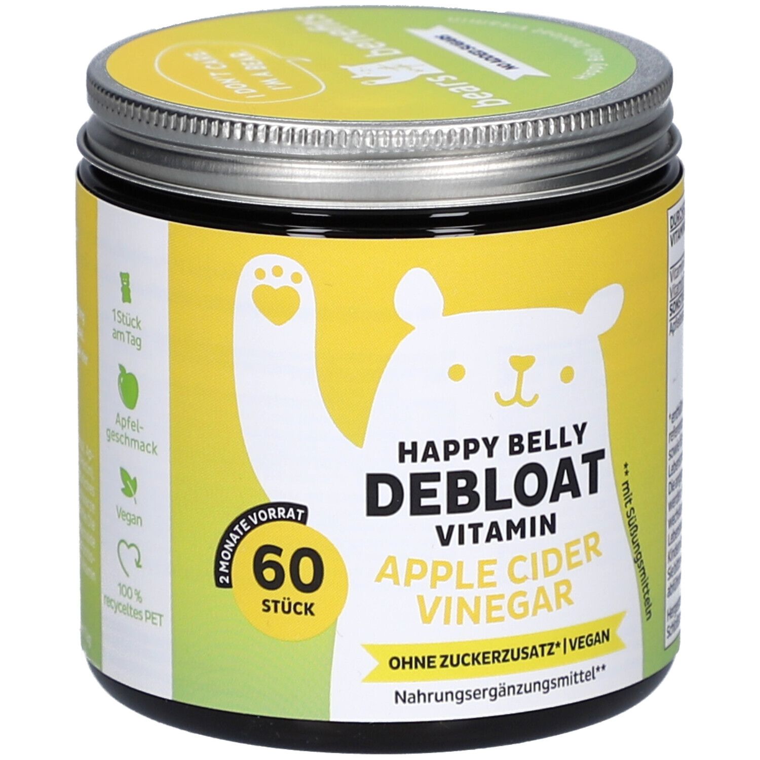 Dose mit gelbem Etikett. Aufschrift: HAPPY BELLY DEBLOAT, Apfelessig. 60 Stück. Ohne Zuckerzusatz, vegan. Apfelgeschmack.