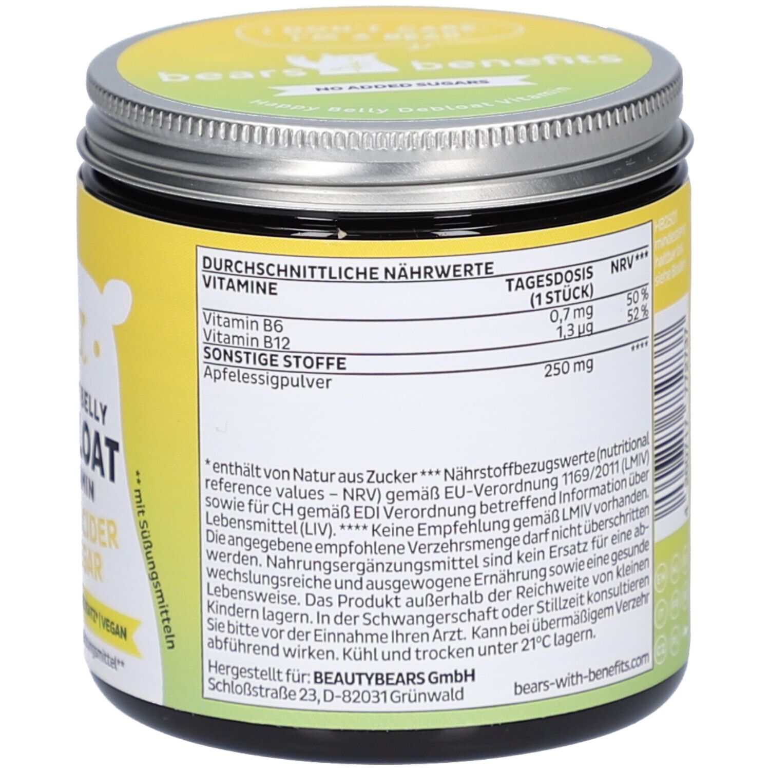 Rückseite der Dose mit Nährwertangaben. 60 Stück. bears-with-benefits.com. Vegan. Mit Süßungsmitteln. Apfelessigpulver.